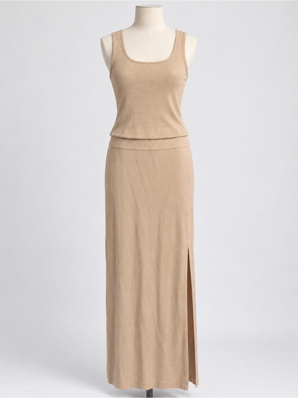 Beige 2 piece with tags Ribbed Maxi Skirt with Side Slit